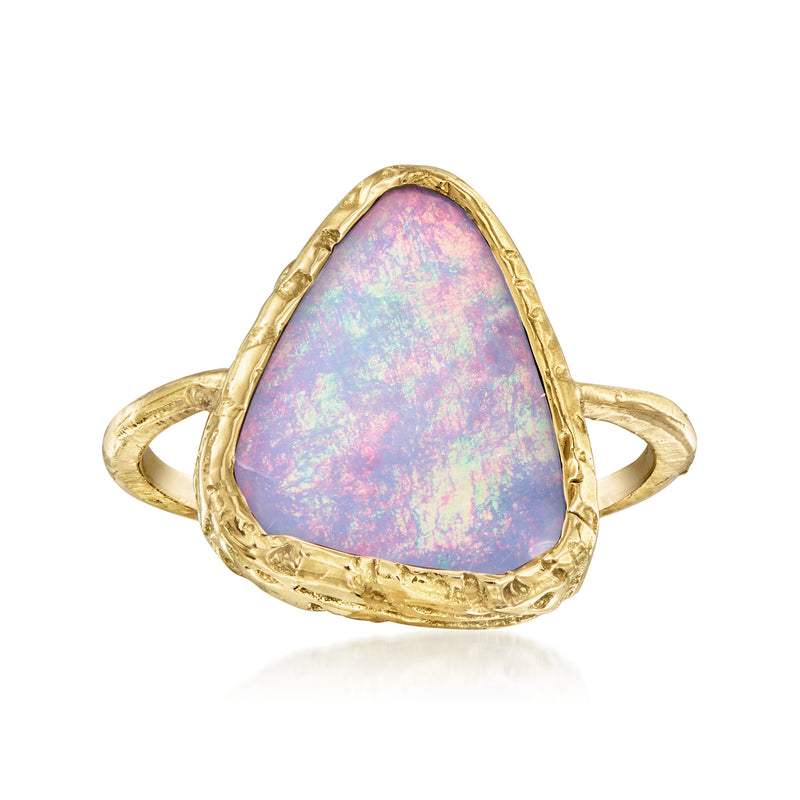 Vintage black opal ring in 18kt yellow gold, teardrop opal with openwork halo