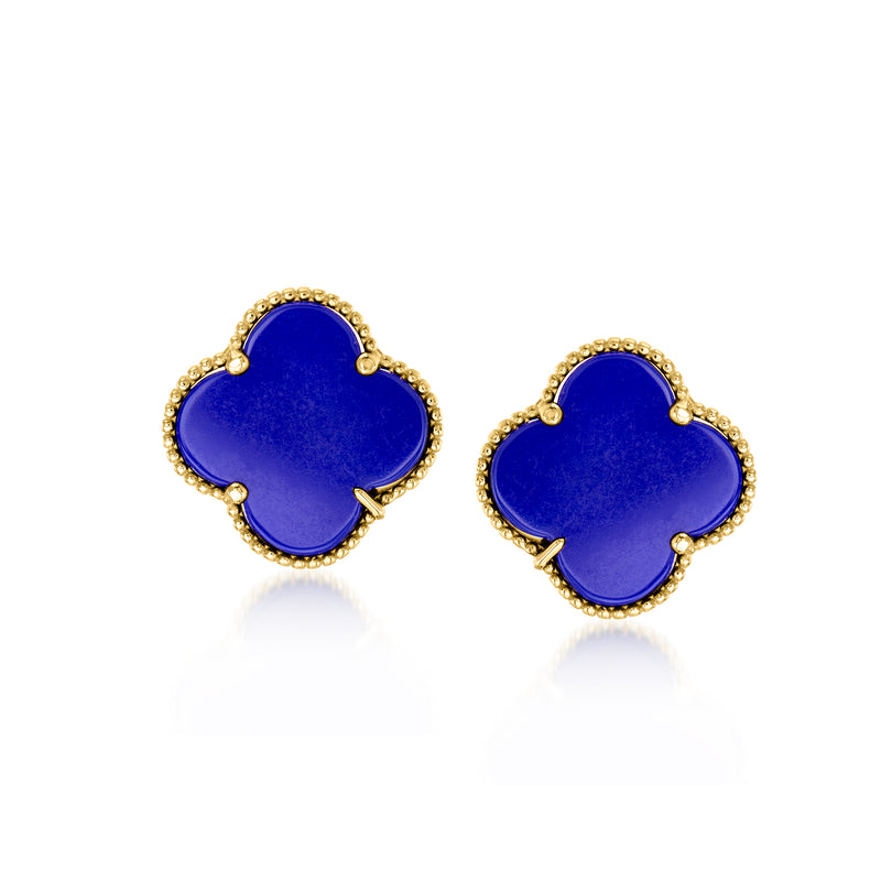14kt yellow gold lapis clover post earrings with blue gemstone bezels