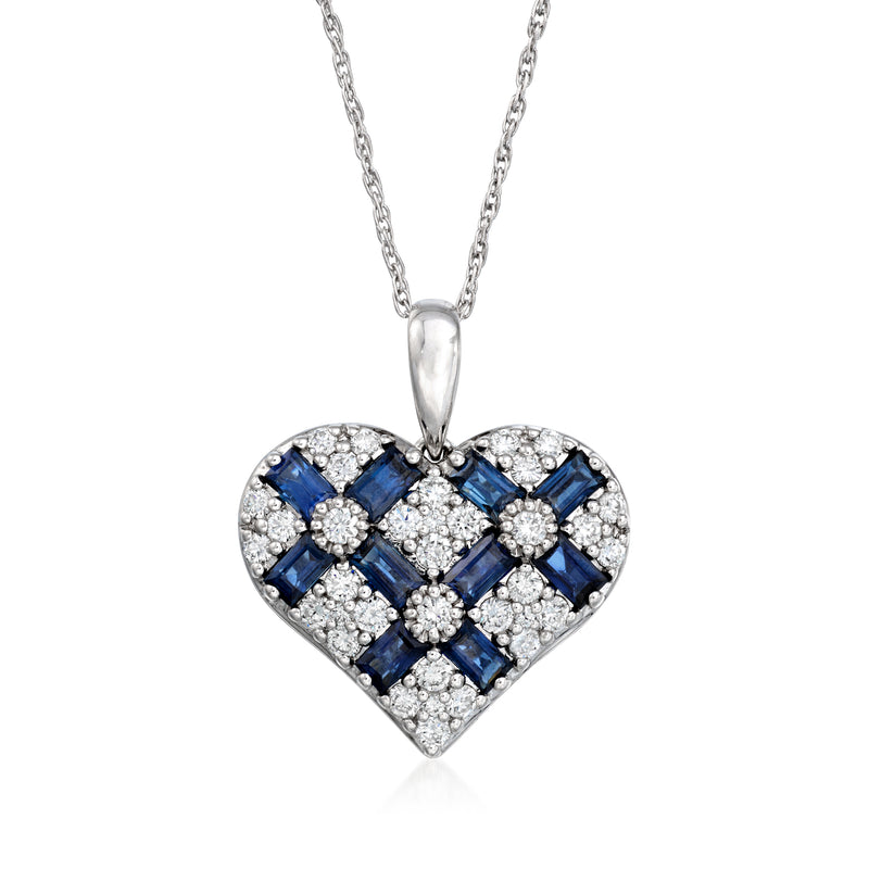 14kt white gold heart pendant necklace with blue sapphire and diamond pave details