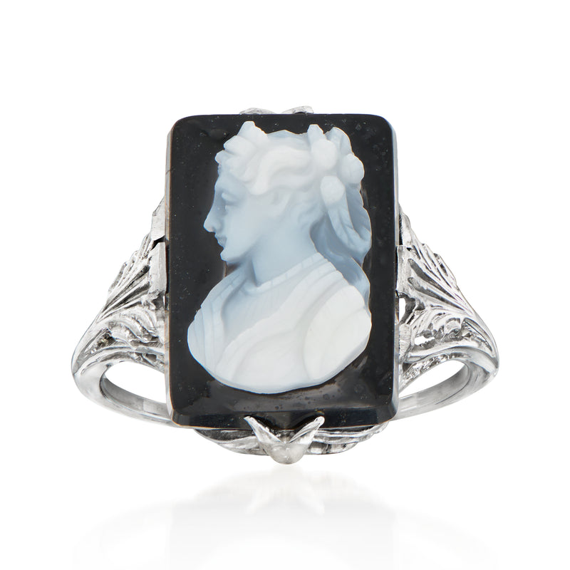 Vintage black agate cameo ring with white profile in ornate white gold setting