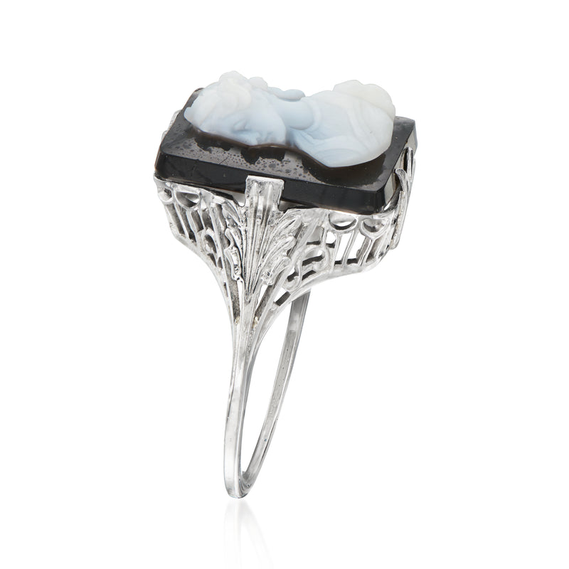 Vintage black cameo ring with white profile set in openwork 14kt white gold band