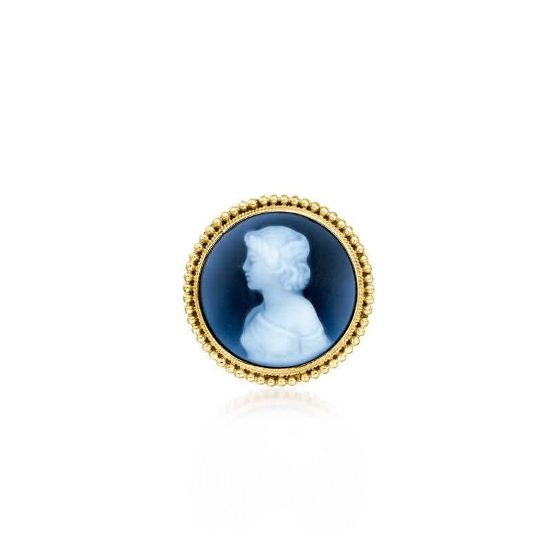 Yellow gold cameo slide pendant with left-facing white figure on blue agate