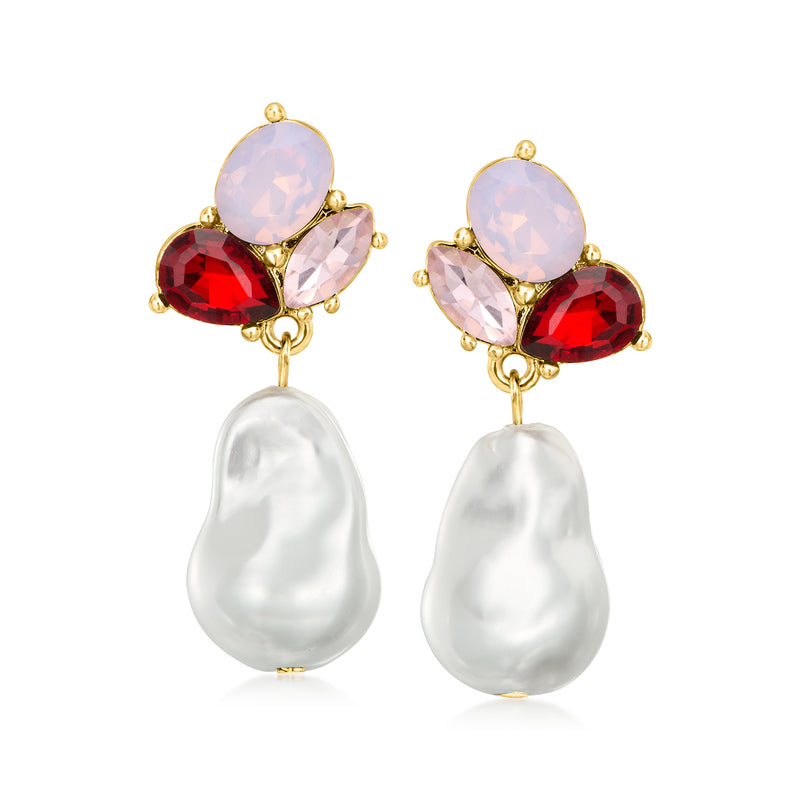 Pair of gold-plated drop earrings with pink, red simulated gemstones and white pearl