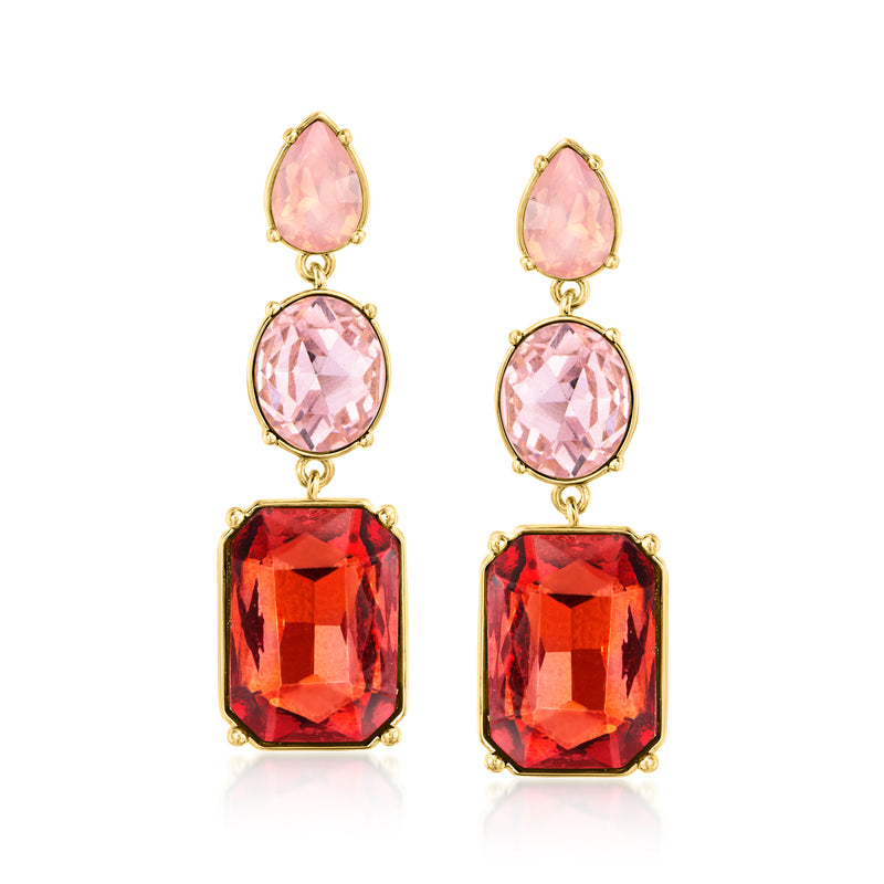 Gold-plated drop earrings with pink oval and red square gemstones