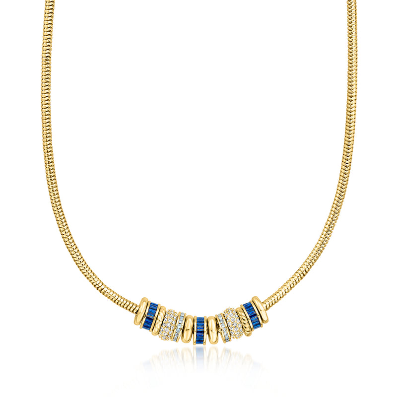 14kt yellow gold-plated bead charm necklace with blue and white simulated gemstones