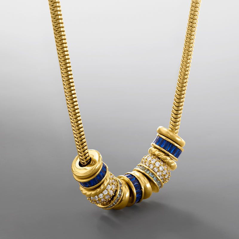 14kt yellow gold-plated bead charm necklace with blue bead spacers and clear stones