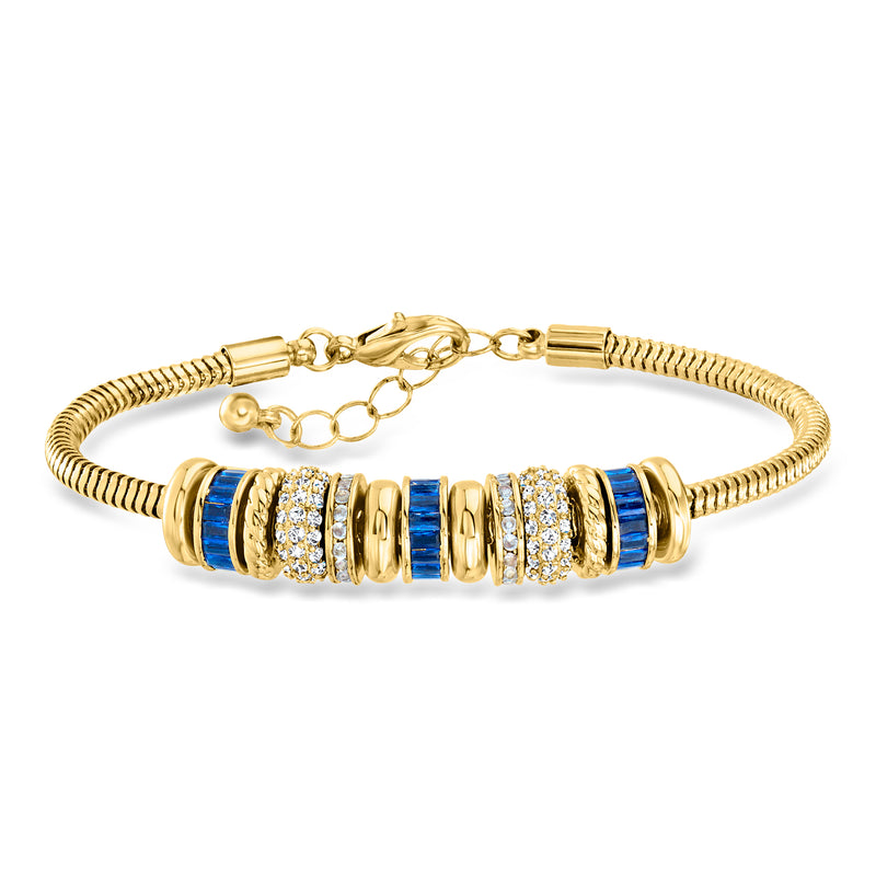 Gold-tone bead charm bracelet with blue and white crystal barrel centers
