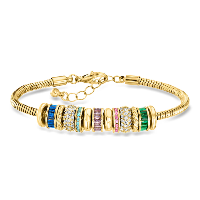 Gold-plated beaded charm bracelet with multicolored simulated gemstone cylinder beads