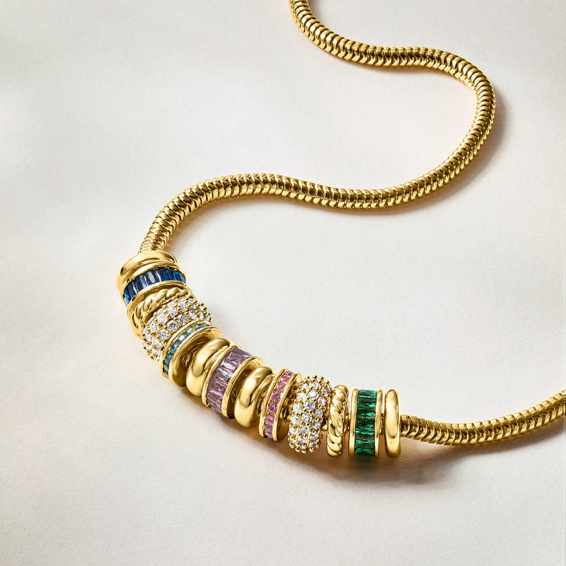 Gold-plated snake chain bead necklace with colorful gemstone spacer charms