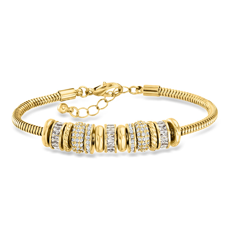 Gold-plated charm bracelet with ribbed beads and white CZ rows, magnetic clasp