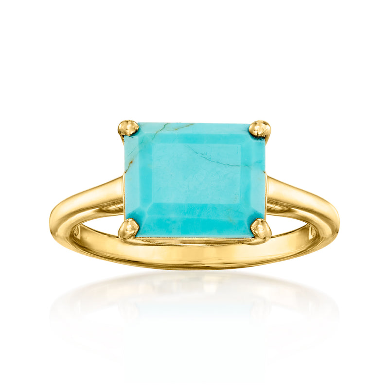 Gold over sterling ring with square turquoise stone and four corner prongs