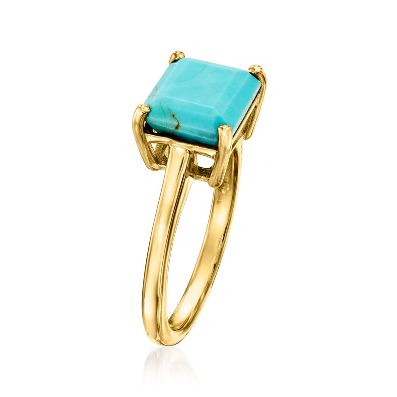 Gold over sterling ring featuring a turquoise square gemstone with prong setting