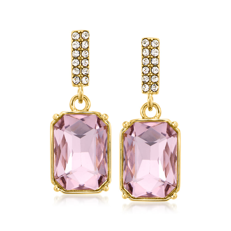 Gold-plated drop earrings with pink square-cut stone and clear pave border