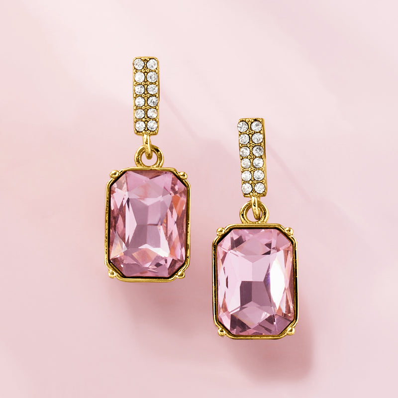 Gold-plated drop earrings with pink square stones and clear crystal pave tops