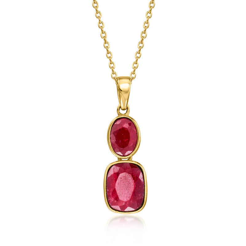 Gold-tone double-drop pendant necklace with red ruby oval stones