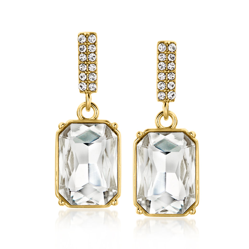 Gold-plated drop earrings with square halo and faceted white gemstone