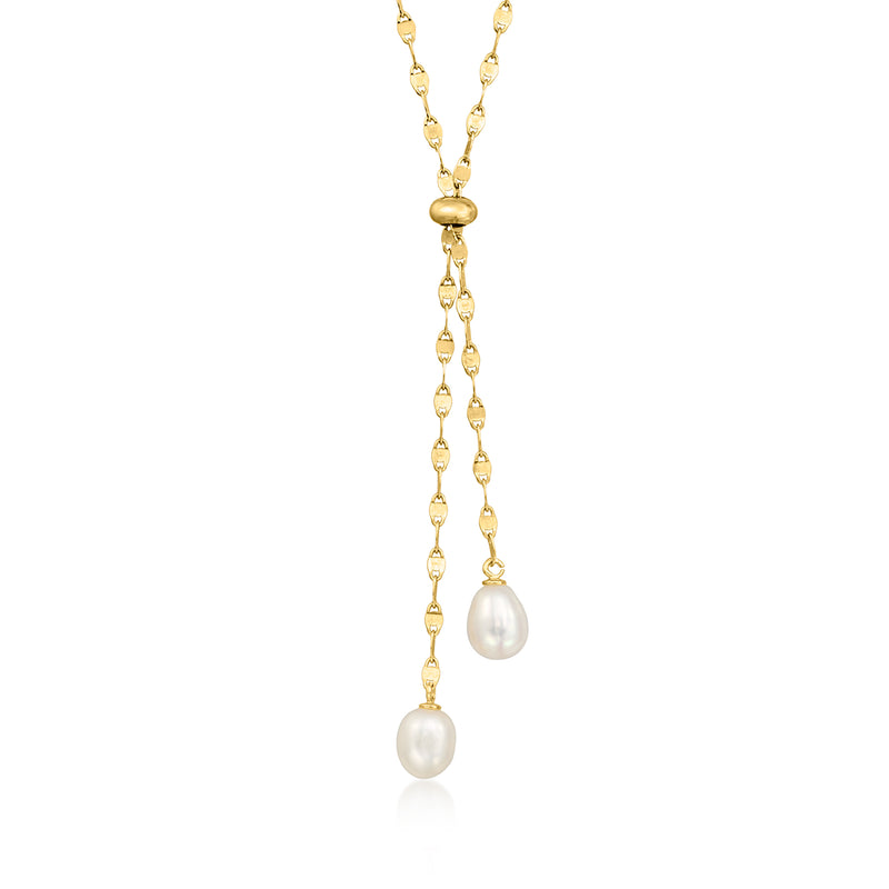 Cultured pearl lariat necklace with teardrop pearl pendant on gold chain