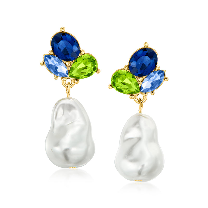 Gold-tone drop earrings with blue and green simulated stones and large white pearls