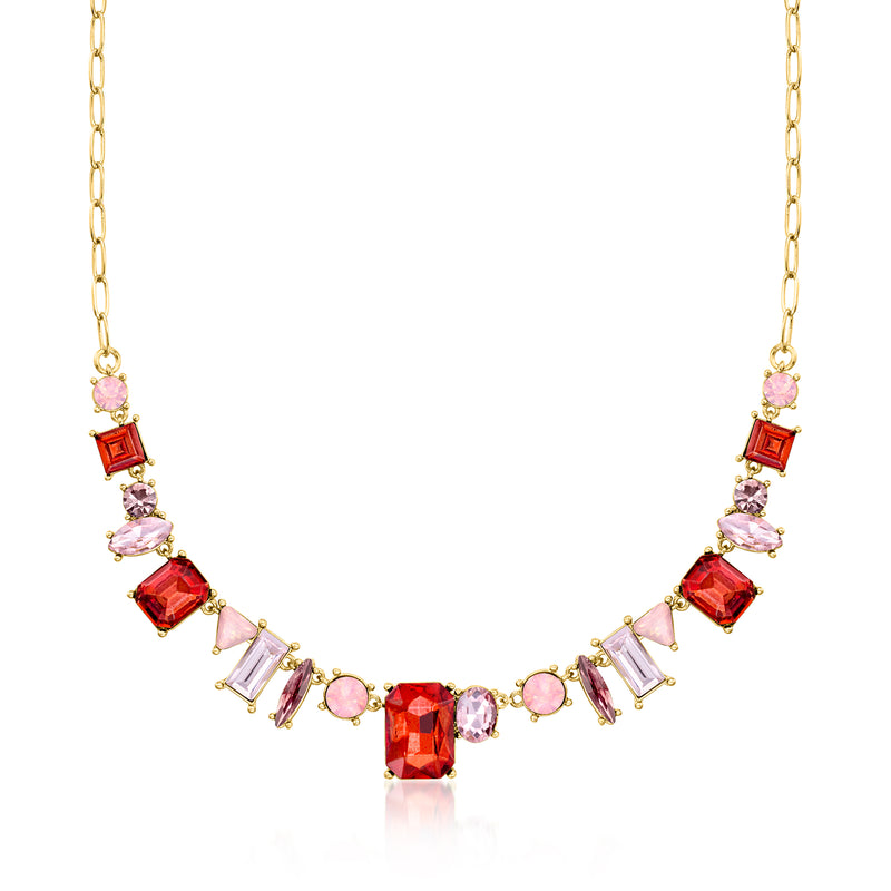 Gold-plated necklace with pink and red simulated gemstones and linked chain