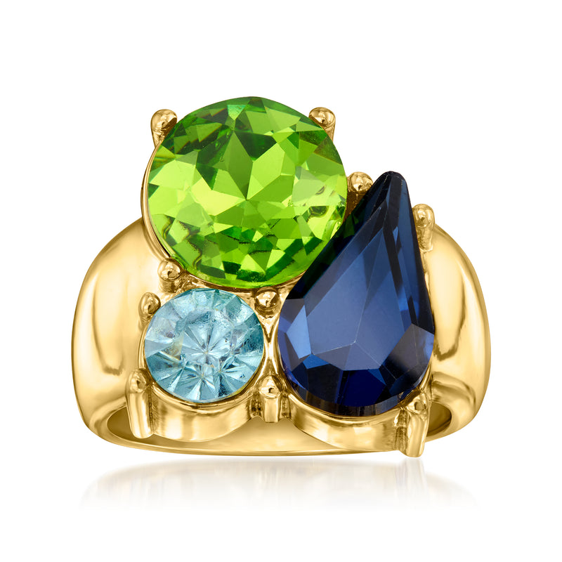 Gold-plated ring with green, dark blue, and light blue simulated gemstones, wide band