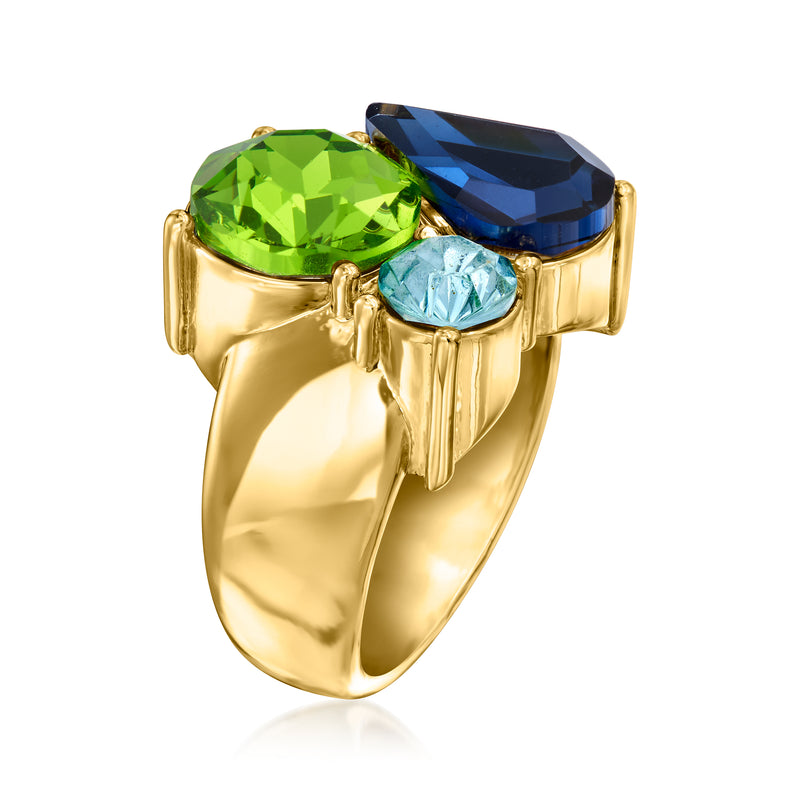 Gold-plated gemstone ring with oval green stone, dark blue side stone, light blue accent