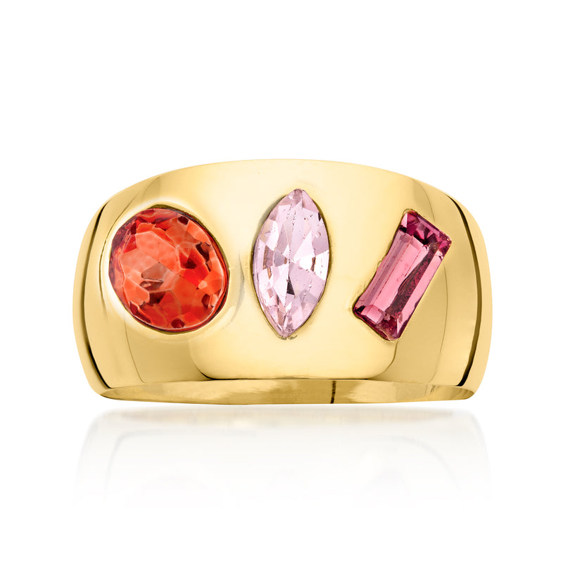 Gold-tone ring with red and pink simulated gemstones in a raised bezel setting