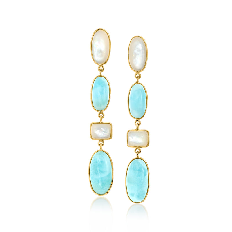 Gold drop earrings with white mother-of-pearl and blue larimar ovals