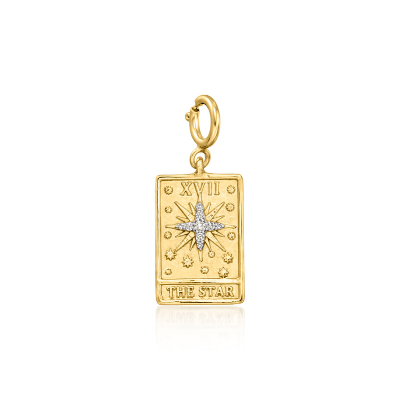 Gold tarot card charm with starburst, diamonds, and “THE STAR” engraving