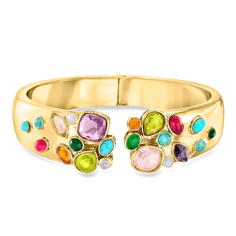 Gold-plated cuff bracelet with multicolored simulated gemstones, open oval band