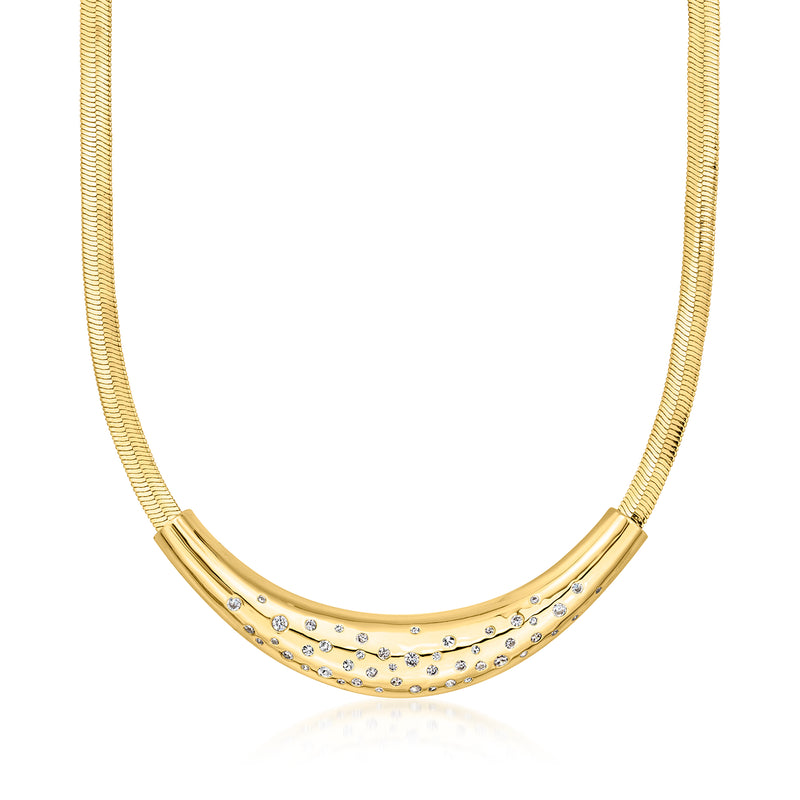 Gold-plated herringbone necklace with curved row of CZs, bright yellow finish