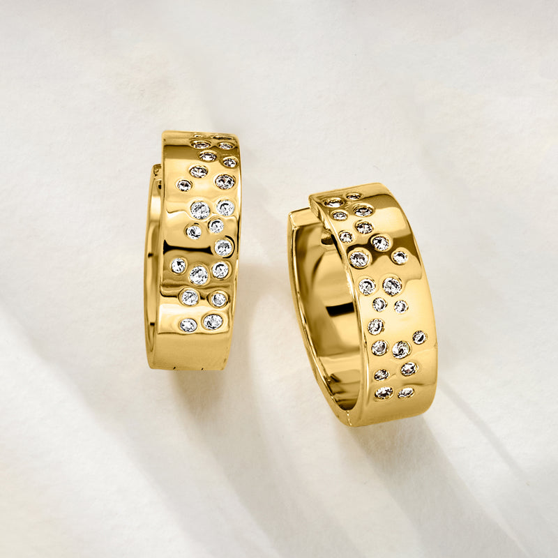Yellow gold-plated hoop earrings with inset round CZ stones, wide hinge