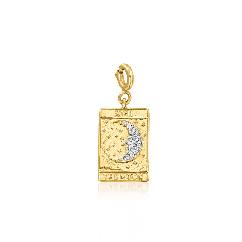 Gold over sterling tarot card charm with crescent moon detail and round bail