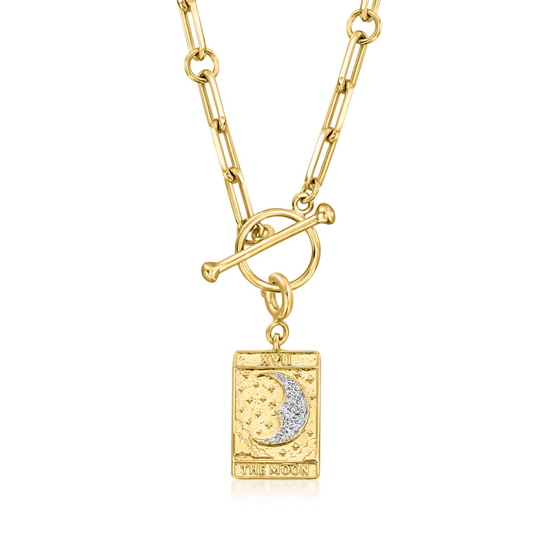 Gold over sterling tarot card charm pendant with crescent moon on linked chain