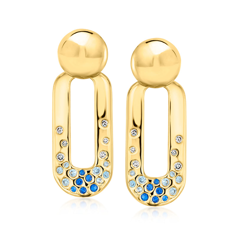 Yellow-gold drop earrings with bead tops and blue/clear stone rows