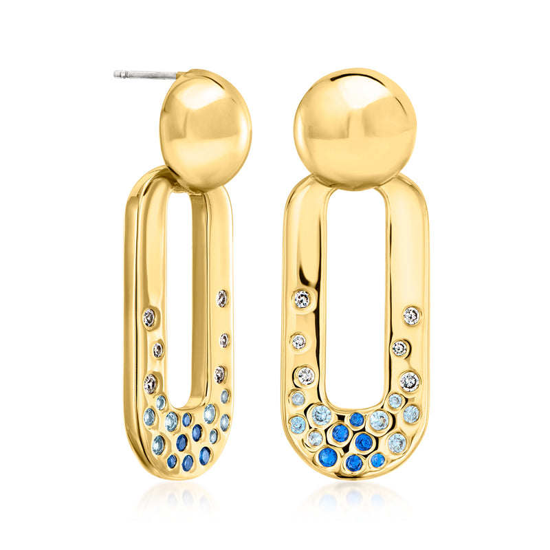 Yellow gold-plated drop earrings with blue and white stones