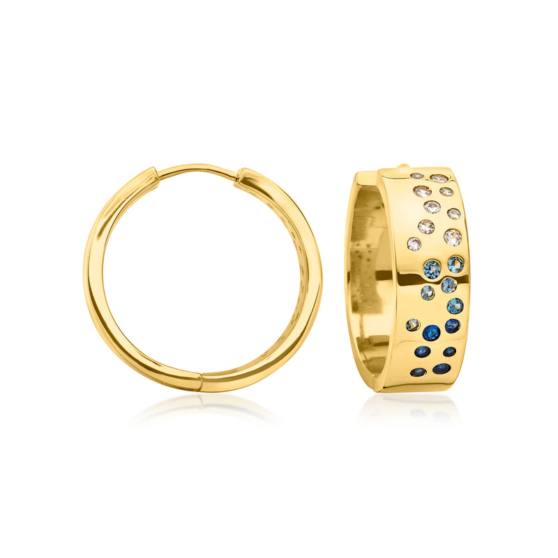 Gold-plated hoop earrings with blue and white simulated gemstones