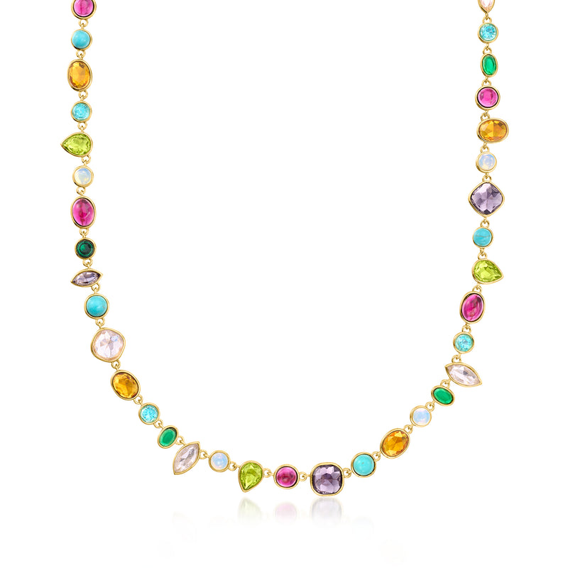 Gold-plated necklace with multicolored simulated gemstone beads, open link style