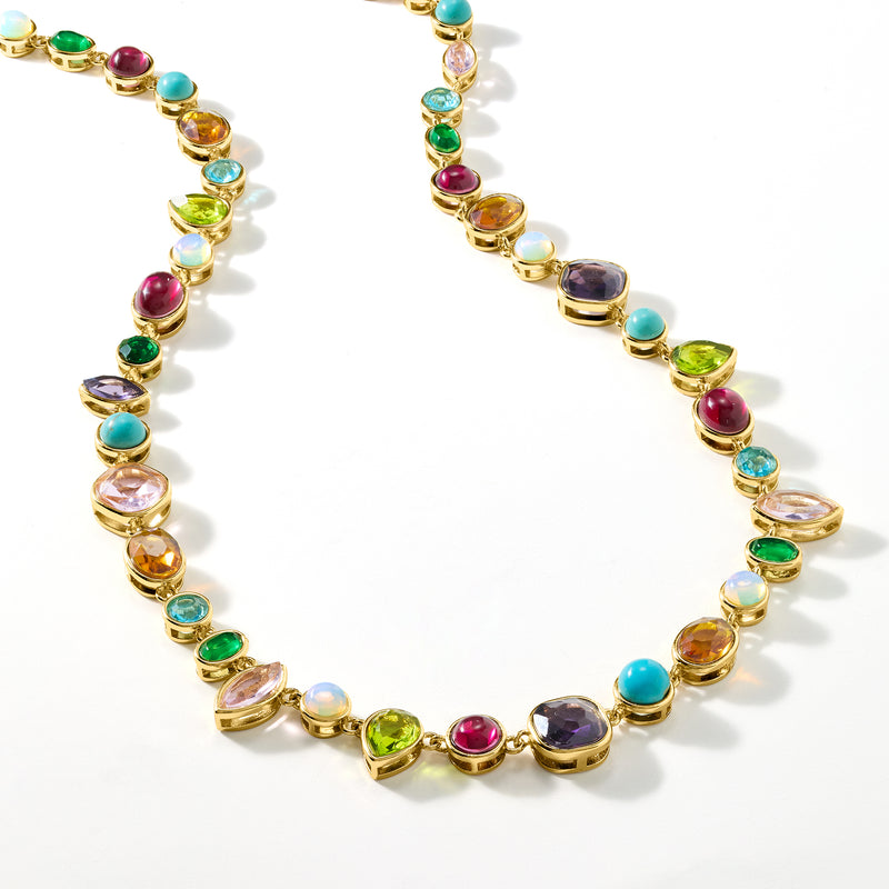 Gold-plated multicolored simulated gemstone bead necklace, angled view