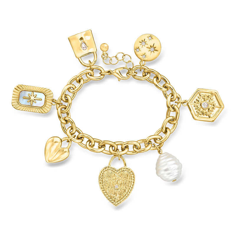 Yellow gold-plated charm bracelet with heart, flower, star and round pearl charms