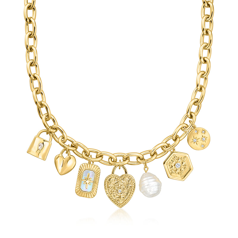 Gold-tone charm necklace with heart, pearl-like charm, star, and lock accents