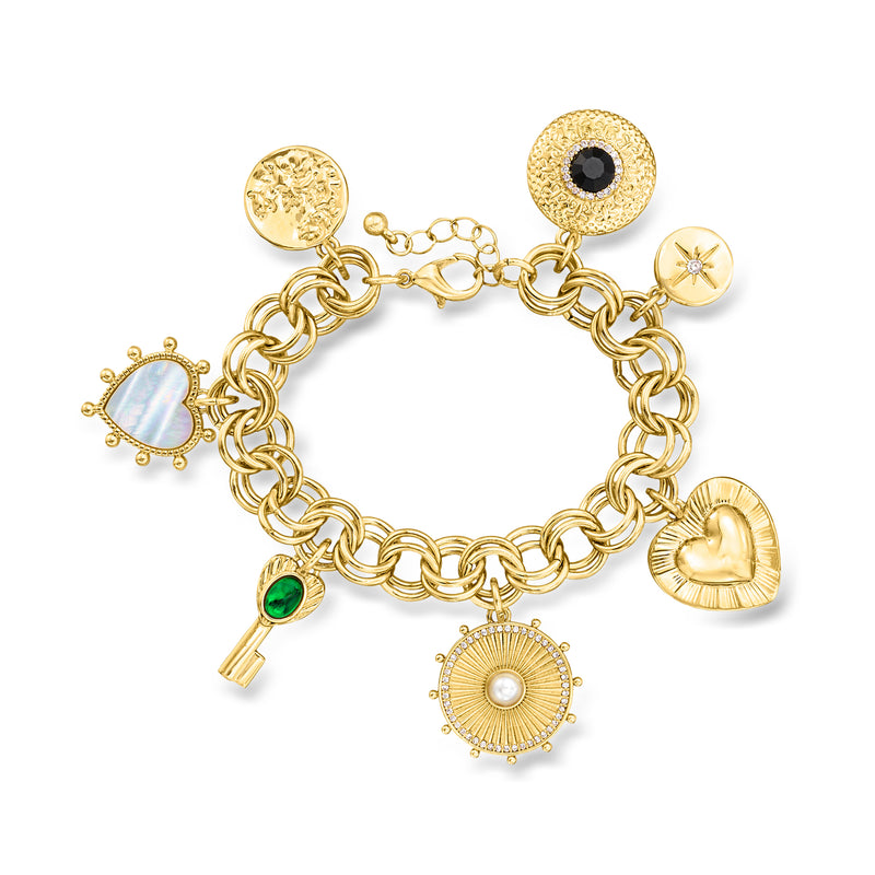 Gold-plated charm bracelet with evil-eye, green gem, blue charm, heart and pearl accents