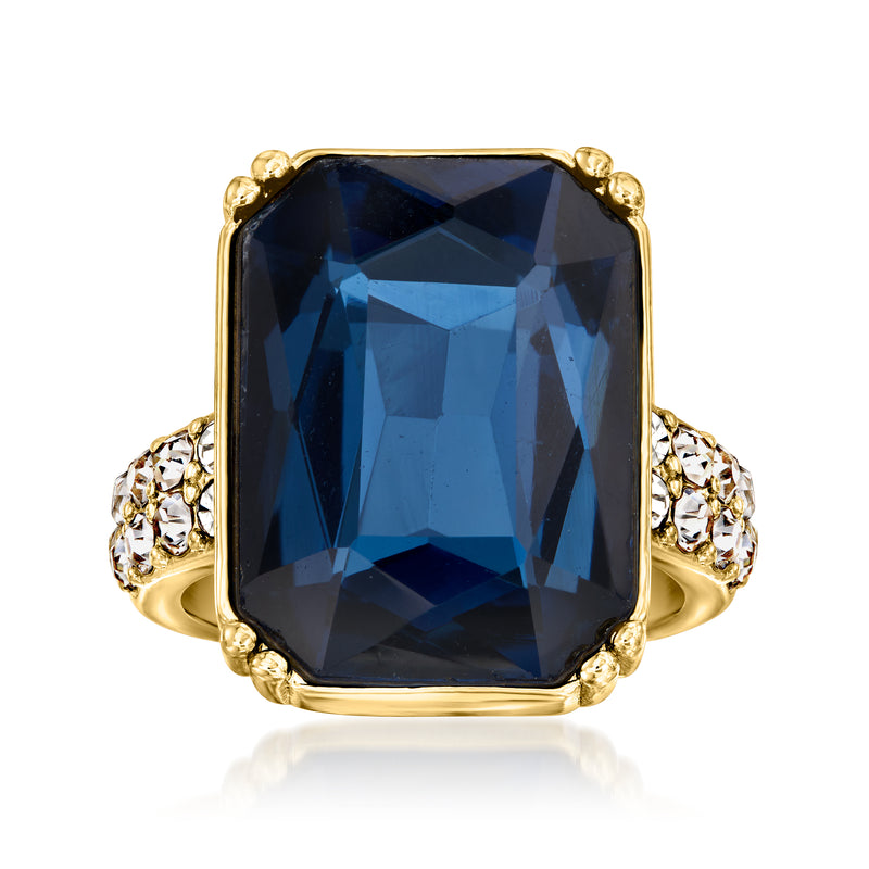 Gold-plated ring with large octagonal blue stone and small round CZ accents
