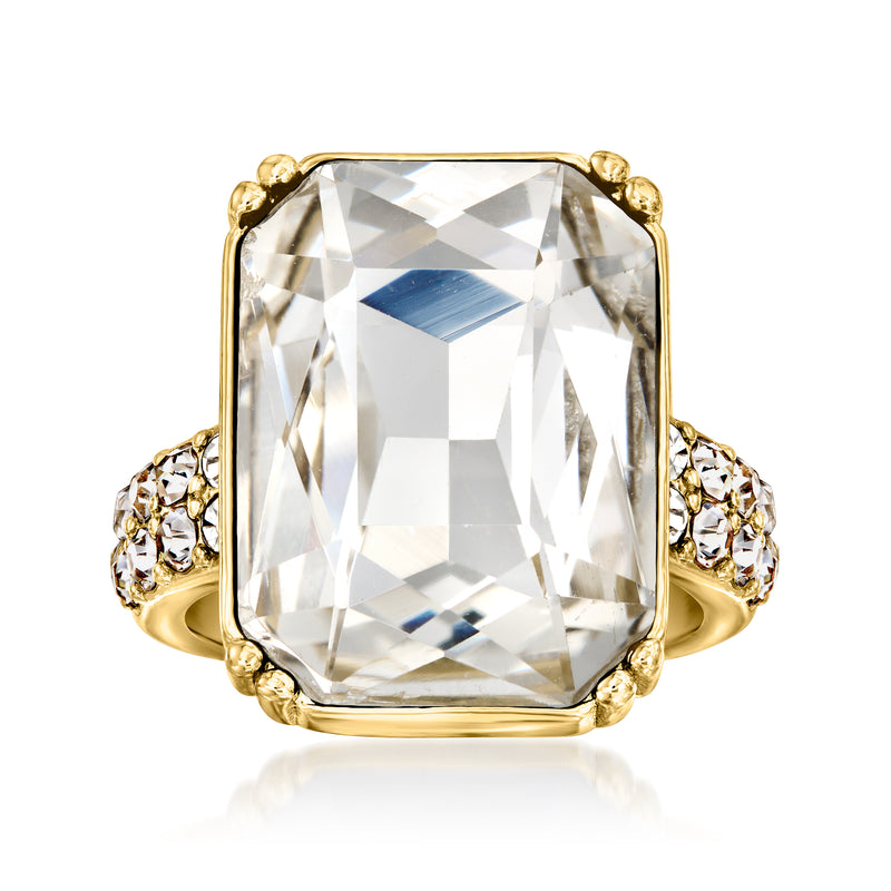 Yellow gold-plated ring with large square clear CZ and round side stone accents