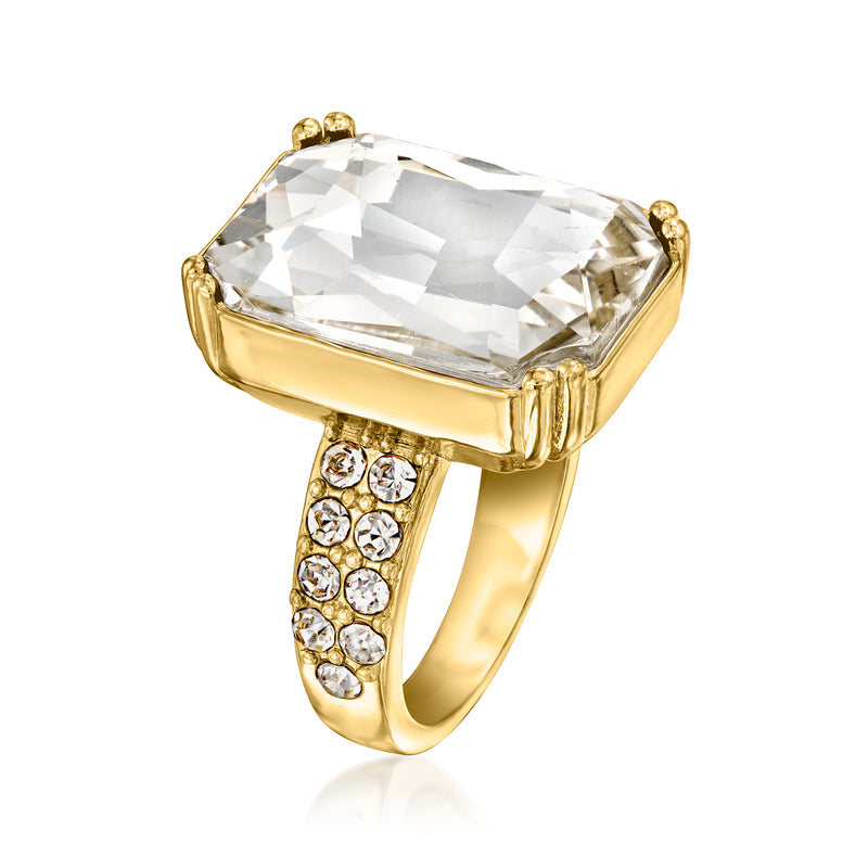 Yellow gold-plated ring with angled square clear CZ and side band of small CZ stones