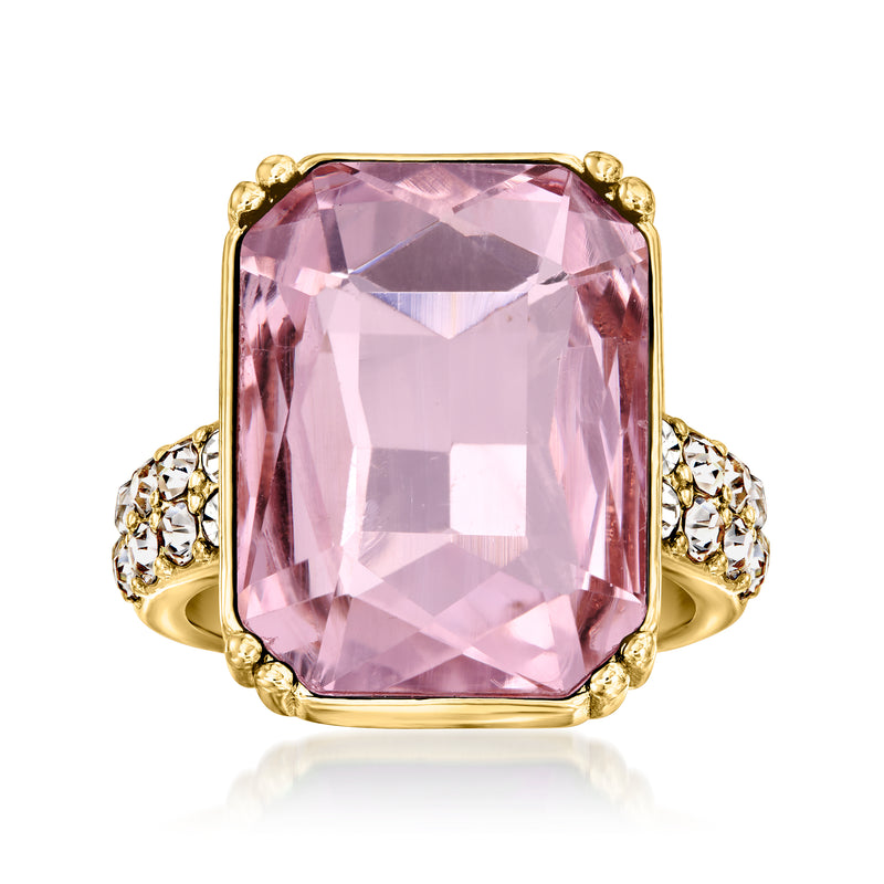 Yellow gold-plated ring with large square pink stone and round CZ accents on sides