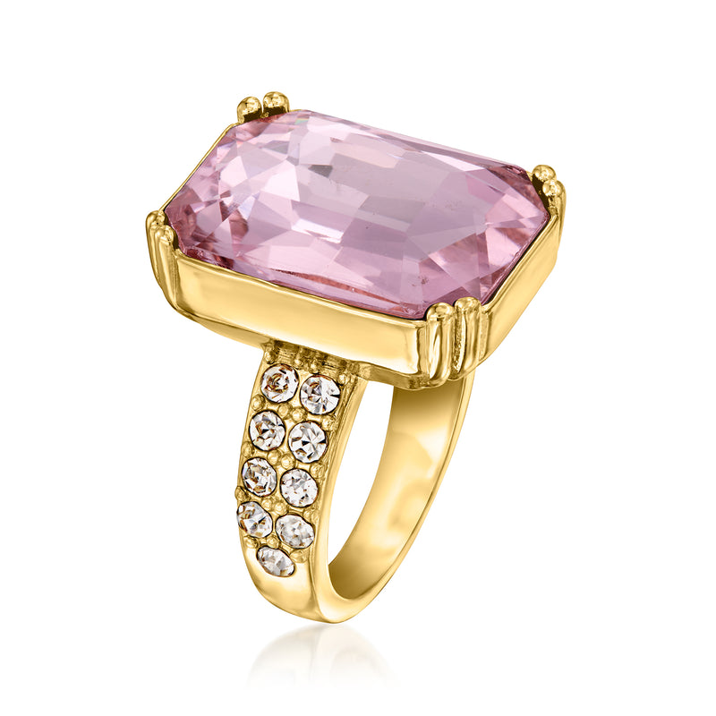 Yellow gold-plated ring with faceted pink cushion stone and clear CZ cluster band