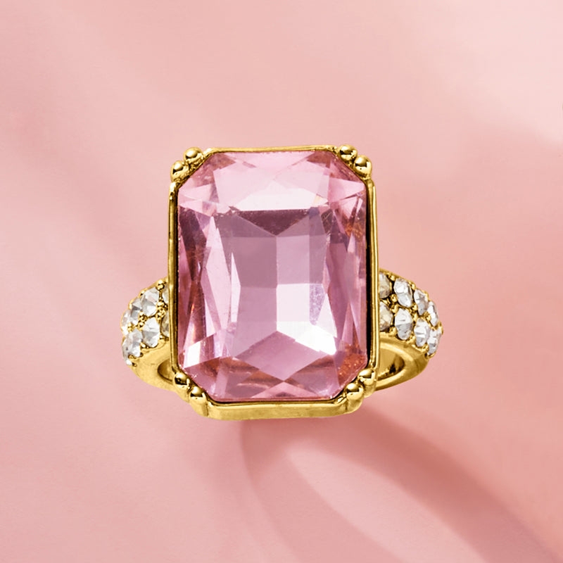 Yellow gold-plated ring with pink square gemstone center and small CZ side stones