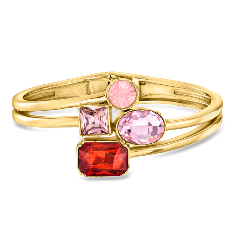 Gold-plated bangle bracelet with pink and red simulated gemstones, open cuff