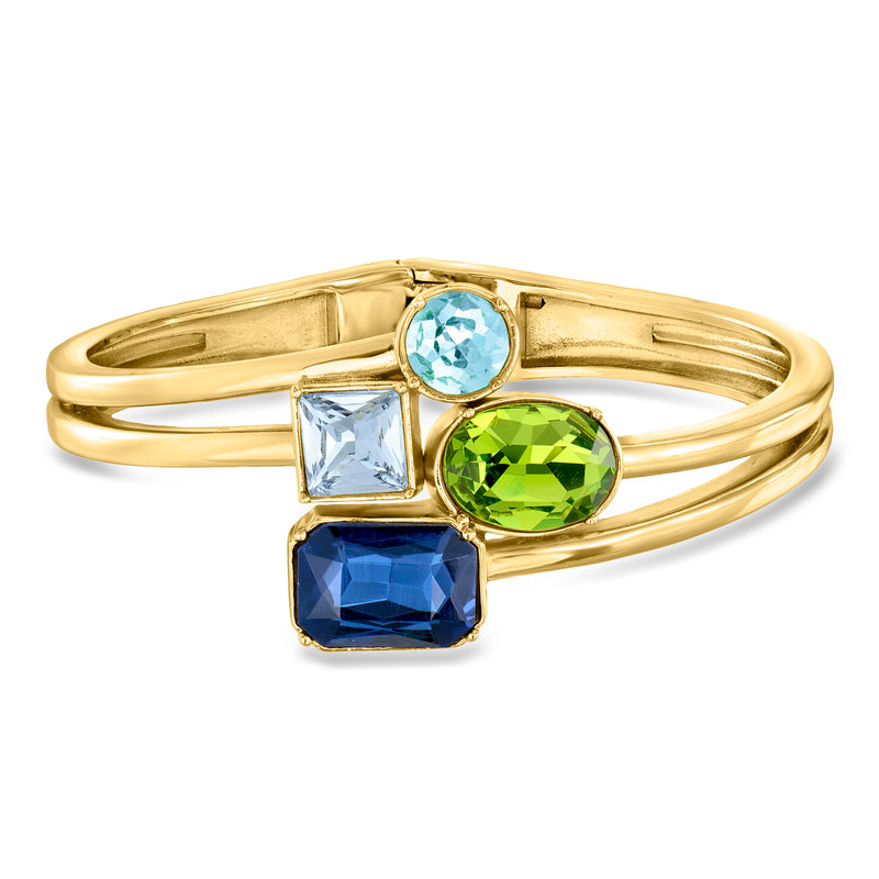 Gold-plated bangle with blue and green simulated gemstones and geometric settings