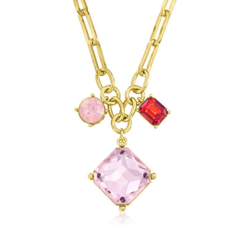 Gold-plated link necklace with pink and red simulated gemstones, faceted cluster pendant